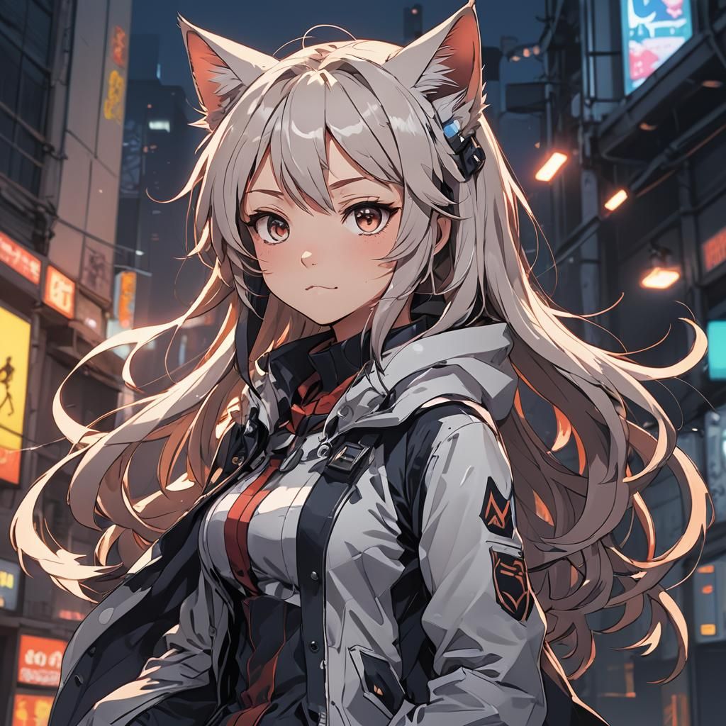 Anime Cat Girl in Cel-Shaded Style