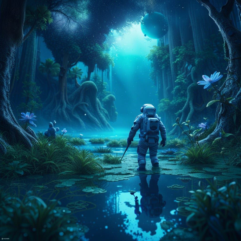 Astronaut Explores Alien Swamp with Double Moons