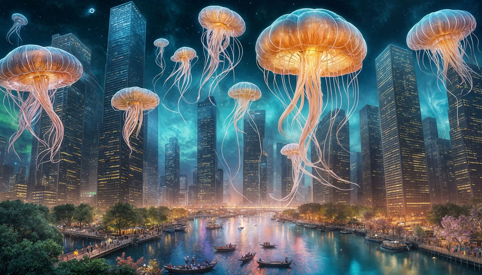 A surreal world with colossal jellyfish floating through the air