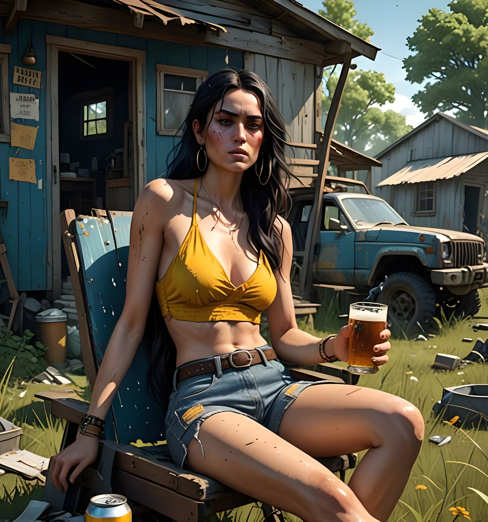 Slovenly Woman Smokes and Drinks in Front of a Rundown Mobil...