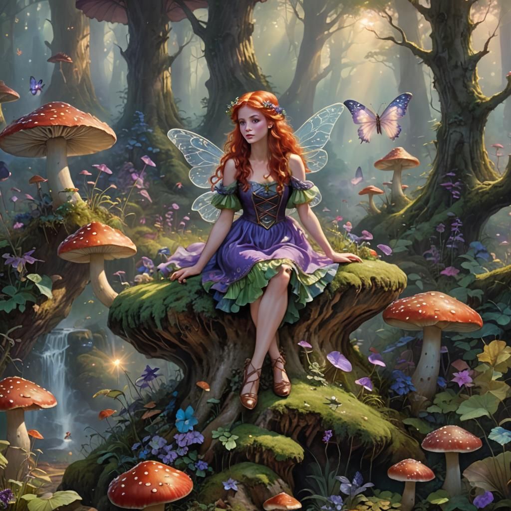 Red-Haired Fairy in Magical Forest, Ethereal Art