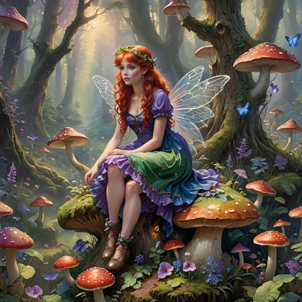 Red-Haired Fairy in Magical Forest, Ethereal Style
