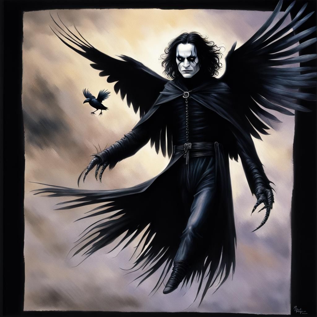The Crow, Eric Draven with crow wings in flight, crow feather Dreamscape, Tim Burton,Brian Froud