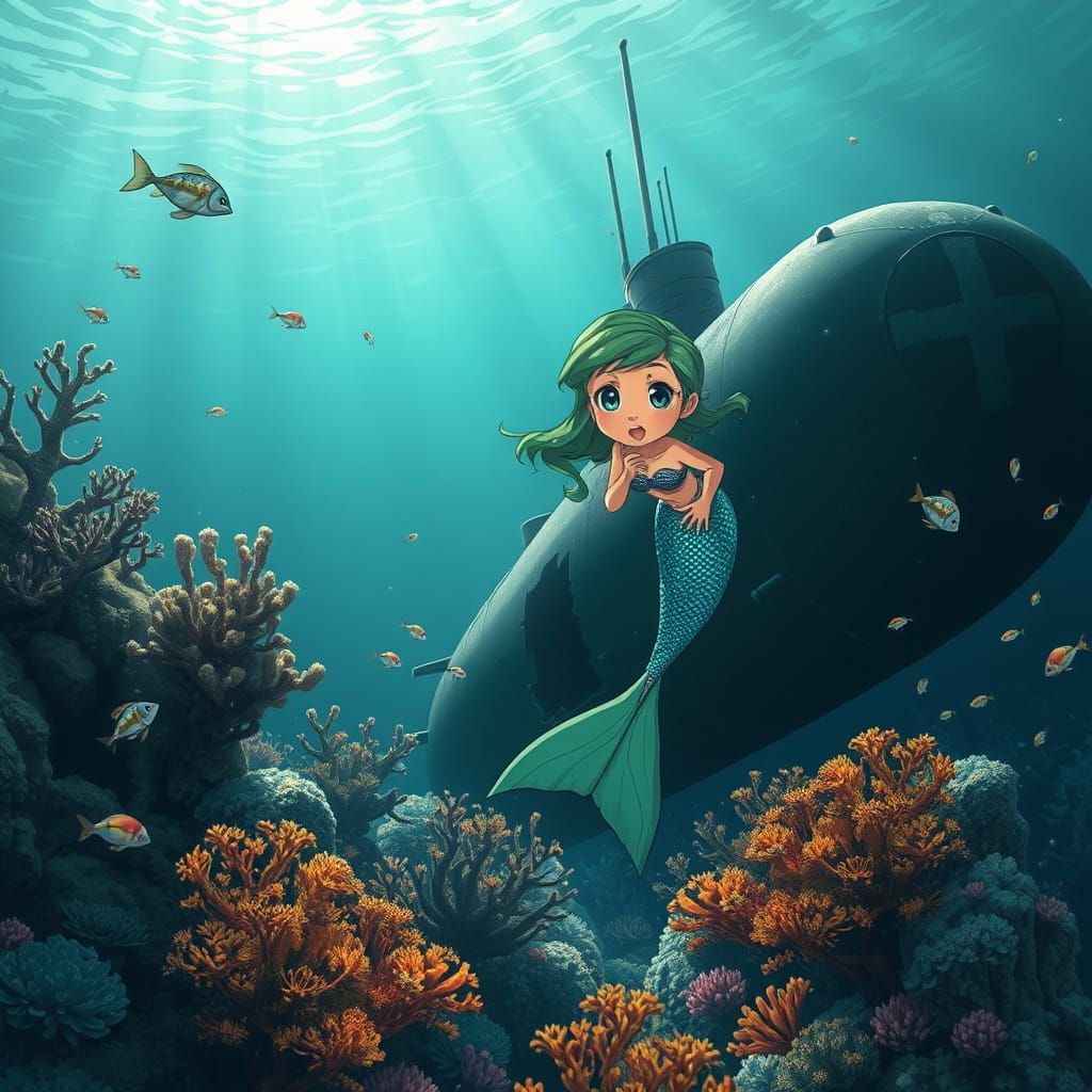 Underwater Scene with Mermaid and Submarine in Soft, Diffuse...