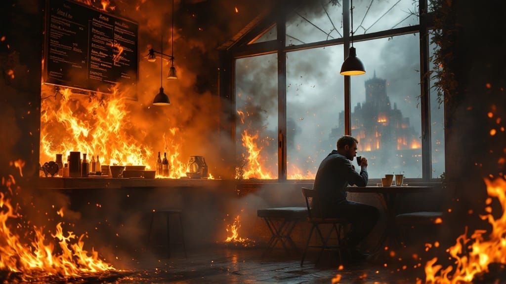 Man Sips Coffee Amidst Inferno in a Cyberpunk Aesthetic
