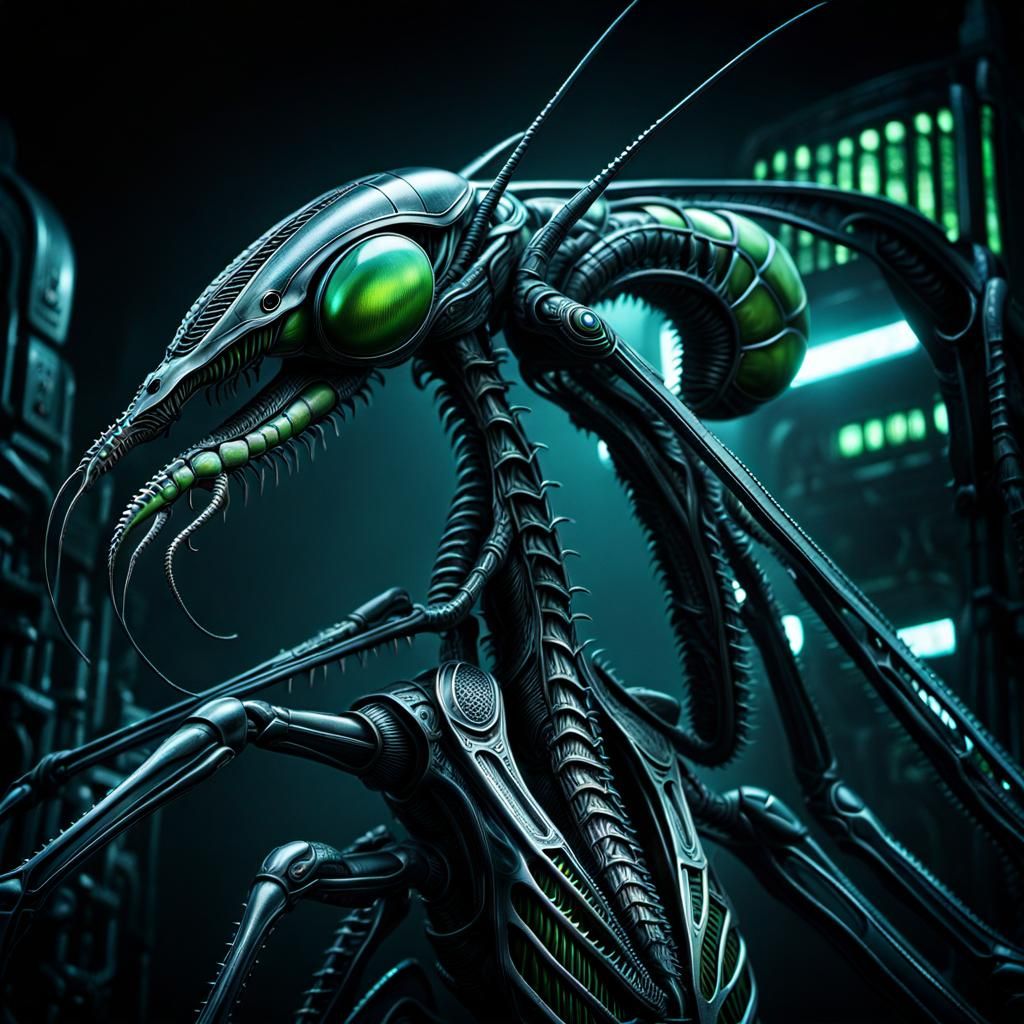 Praying Mantis in Biomechanical Surrealism