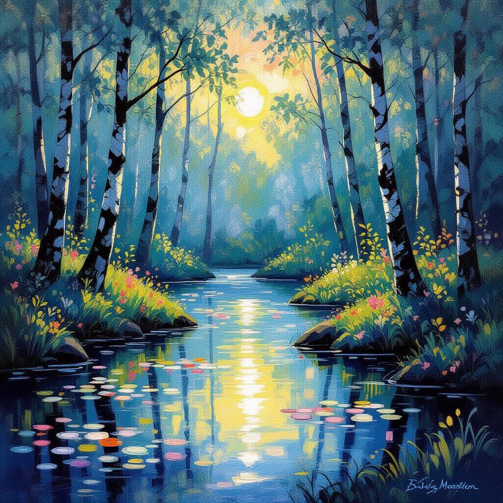 Twilight Forest Waterfall in Impressionistic Style