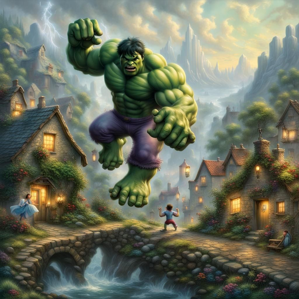 Hulk Accidentally Invades Smurf Village: Kinkade Style