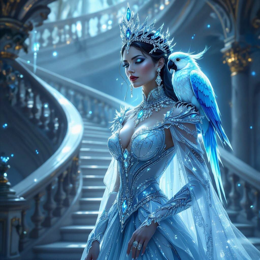 Sapphire Queen and Luminous Parrot in Fantasy Art Style