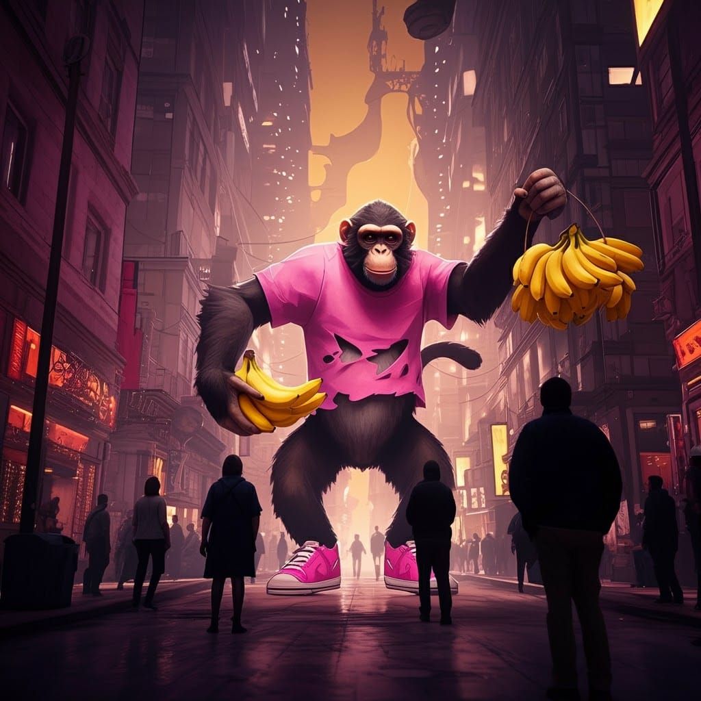 Cartoonish Monkey Selling Bananas in Art Nouveau City