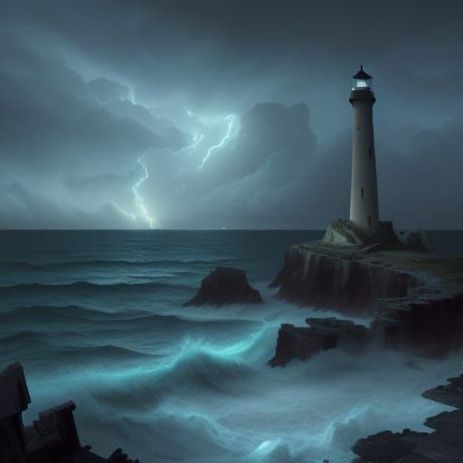 Lighthouse Amidst Stormy Seas and Ancient Ruins