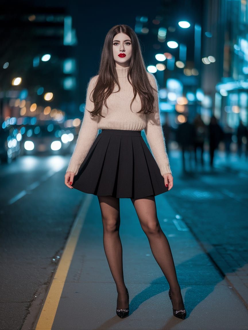 Attractive Feminized Figure in City Street at Night