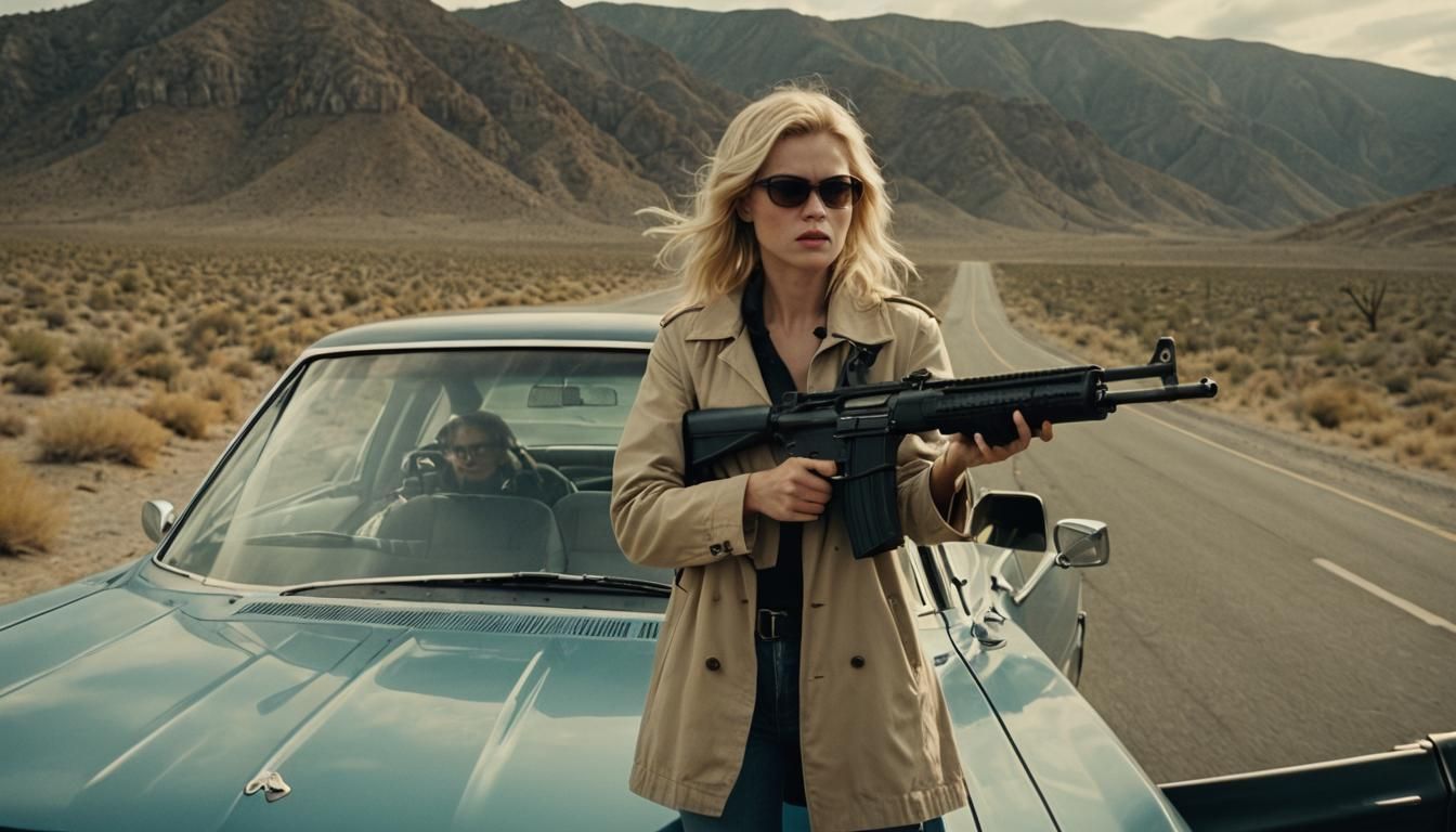 Blonde Woman with Rifle on Lost Highway