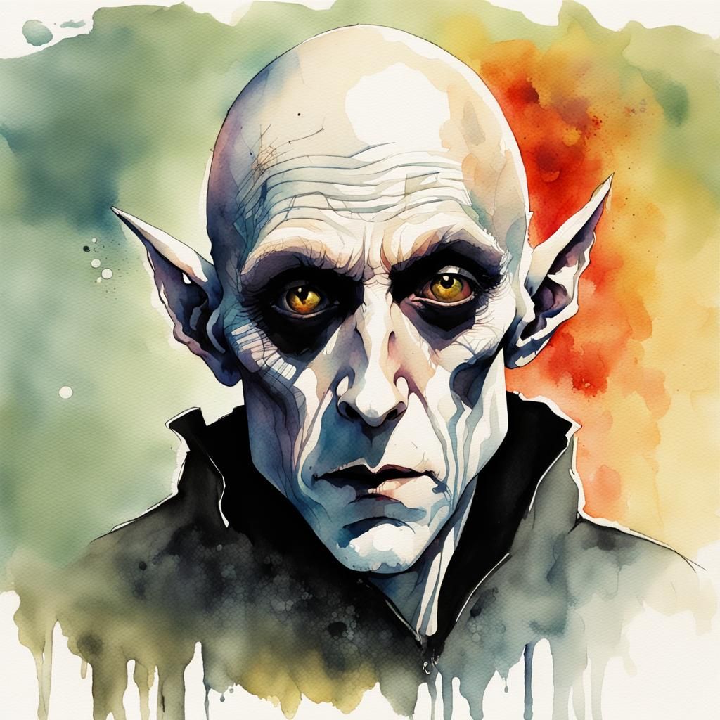 Hyperrealistic Watercolor Portrait of Nosferatu