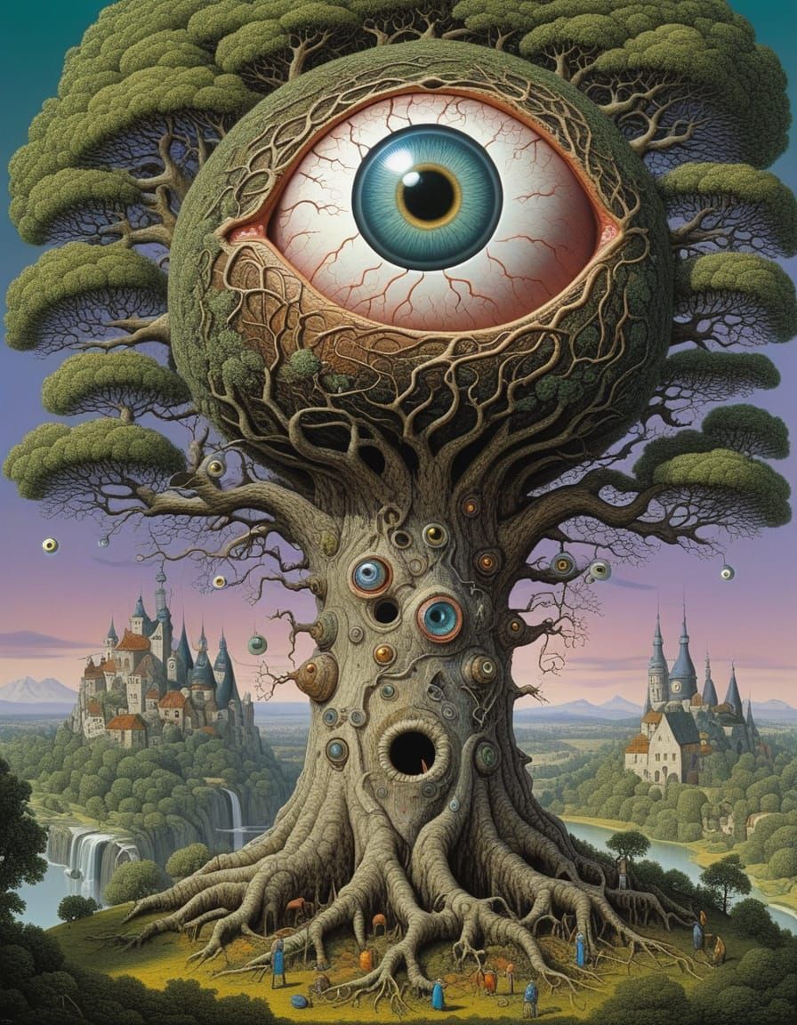Surreal Eyeball Tree with Whimsical Gothic Plants
