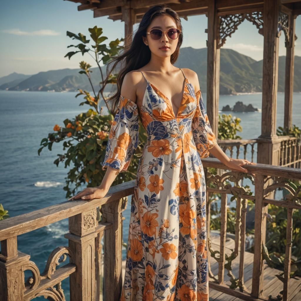 An Asian woman standing on a wooden balcony of her Villa overlooking the ocean.