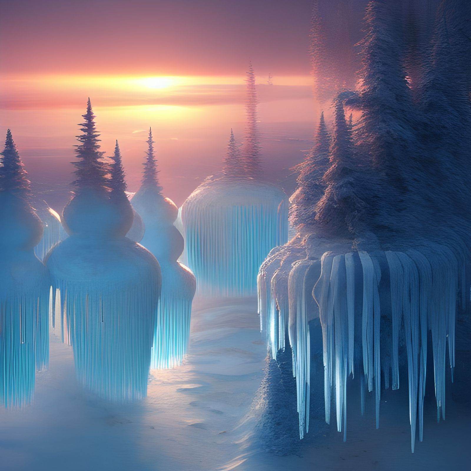 Sunset Reflections on Arctic Icicles: Fantasy Art