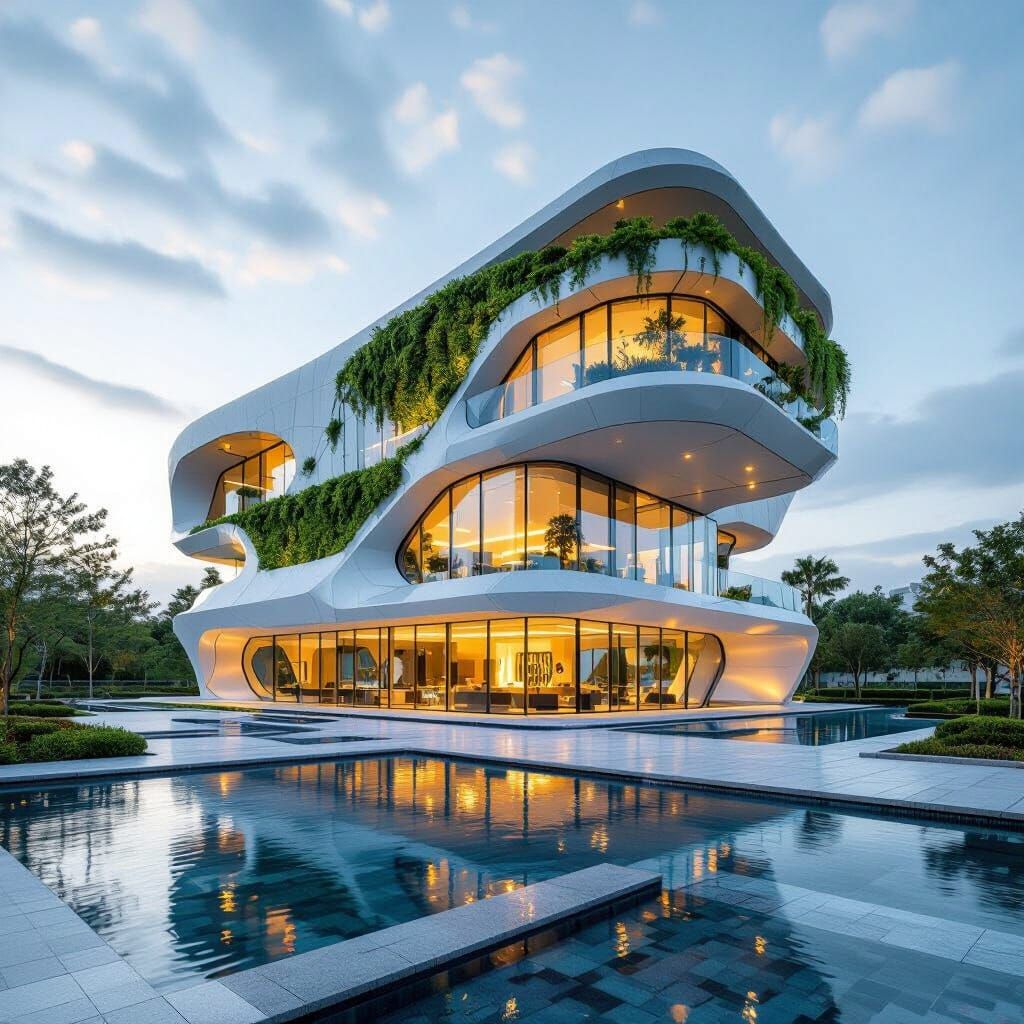 Futuristic High-Tech Building with Greenery in a Modern Park
