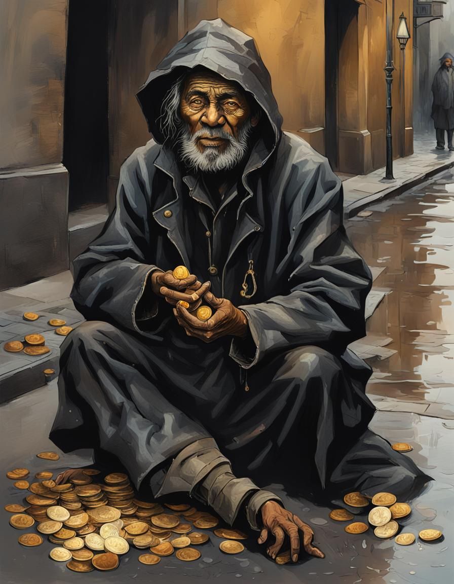 Hyperrealistic Beggar with Gold Coins Splash Art