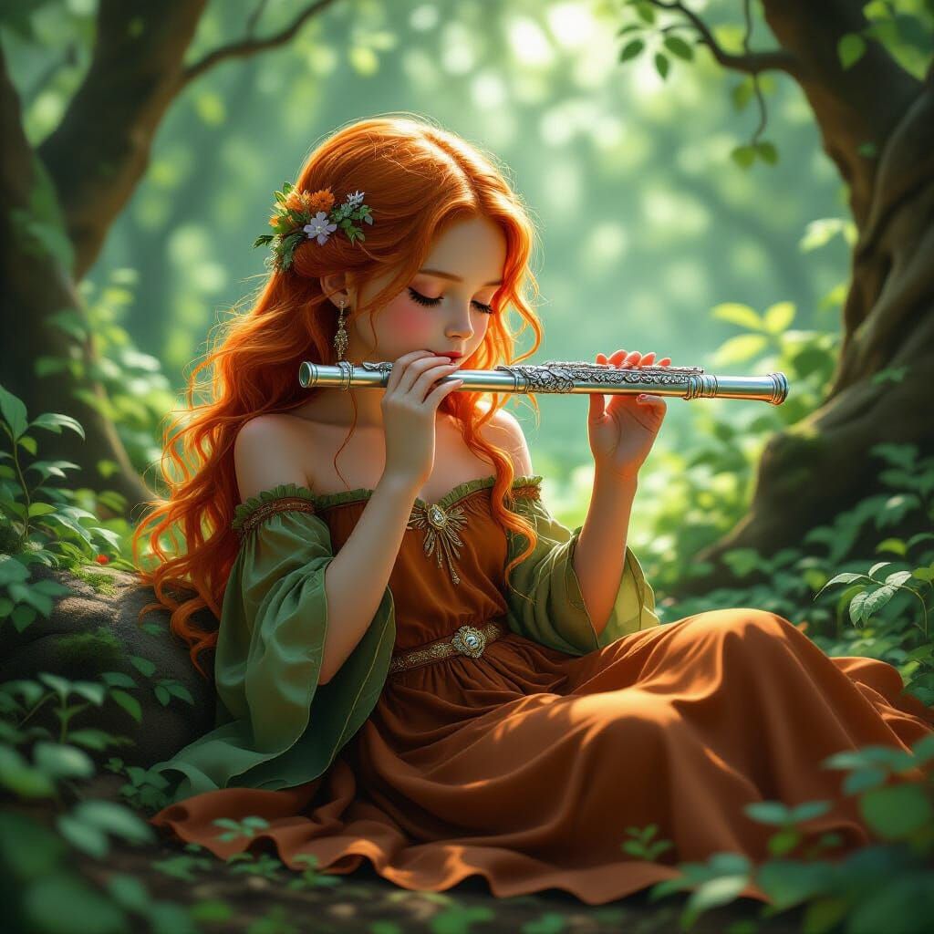 Girl with Flute in Forest, Photorealistic Digital Art