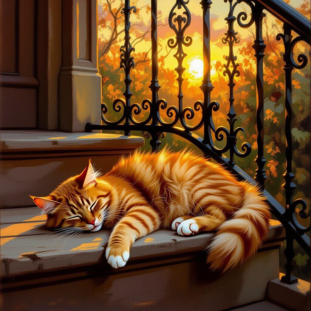Orange Cat Napping on Sunlit Victorian Stairway