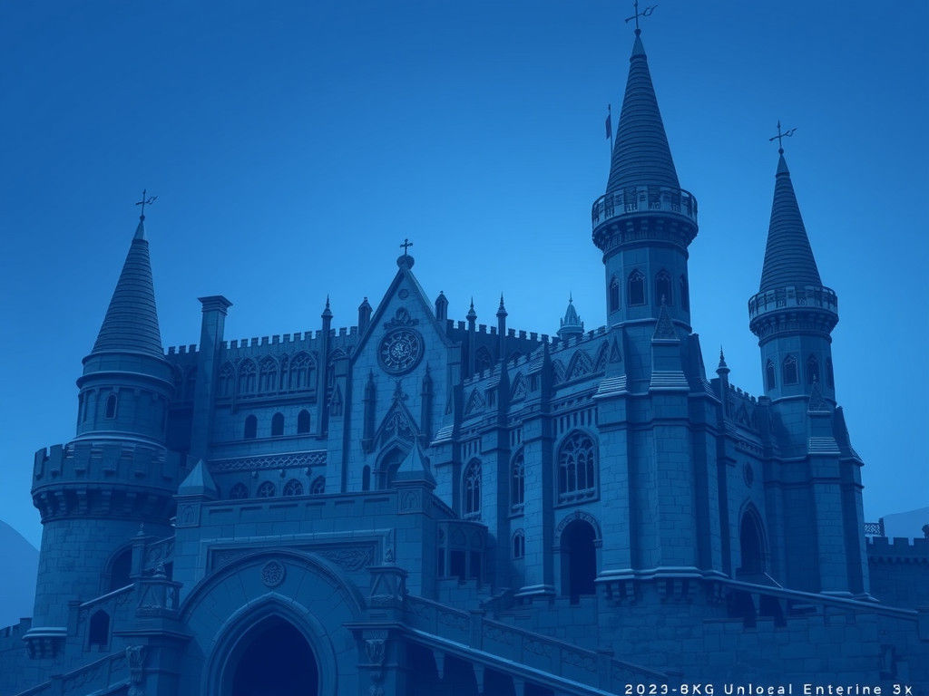 Monochrome Blue Castle Illustration in Fantasy Style