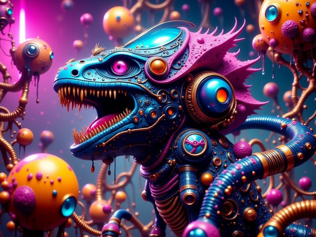 Reptilian Creature with Neon Nanobots in Rococo Sci-Fi