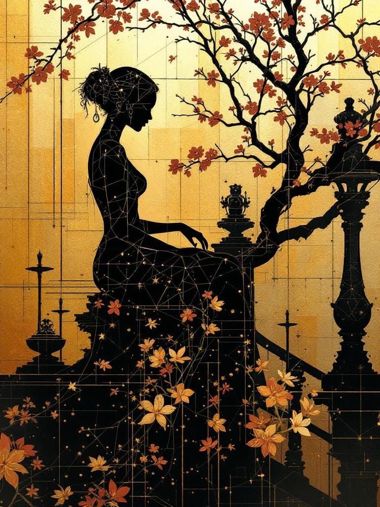 Abstract Pin-Up Figure in Botanical Silhouette Style