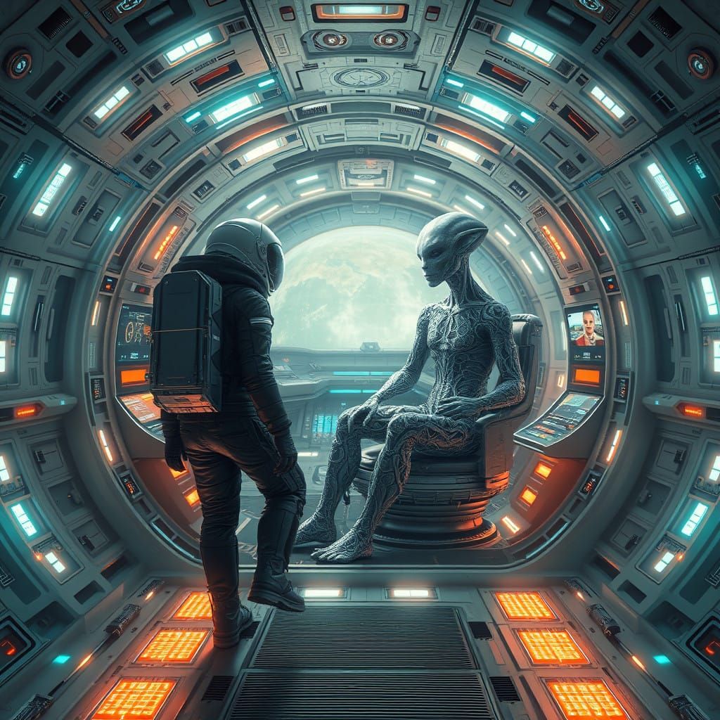 Astronaut Enters a Futuristic Alien Spacecraft in a Hyper-Re...