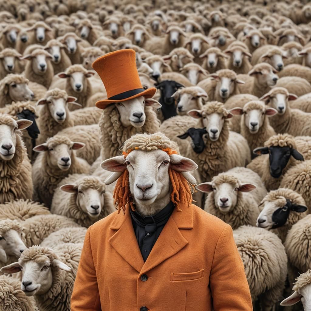 Anthropomorphic Sheep with Dreadlocks in Orange Suit