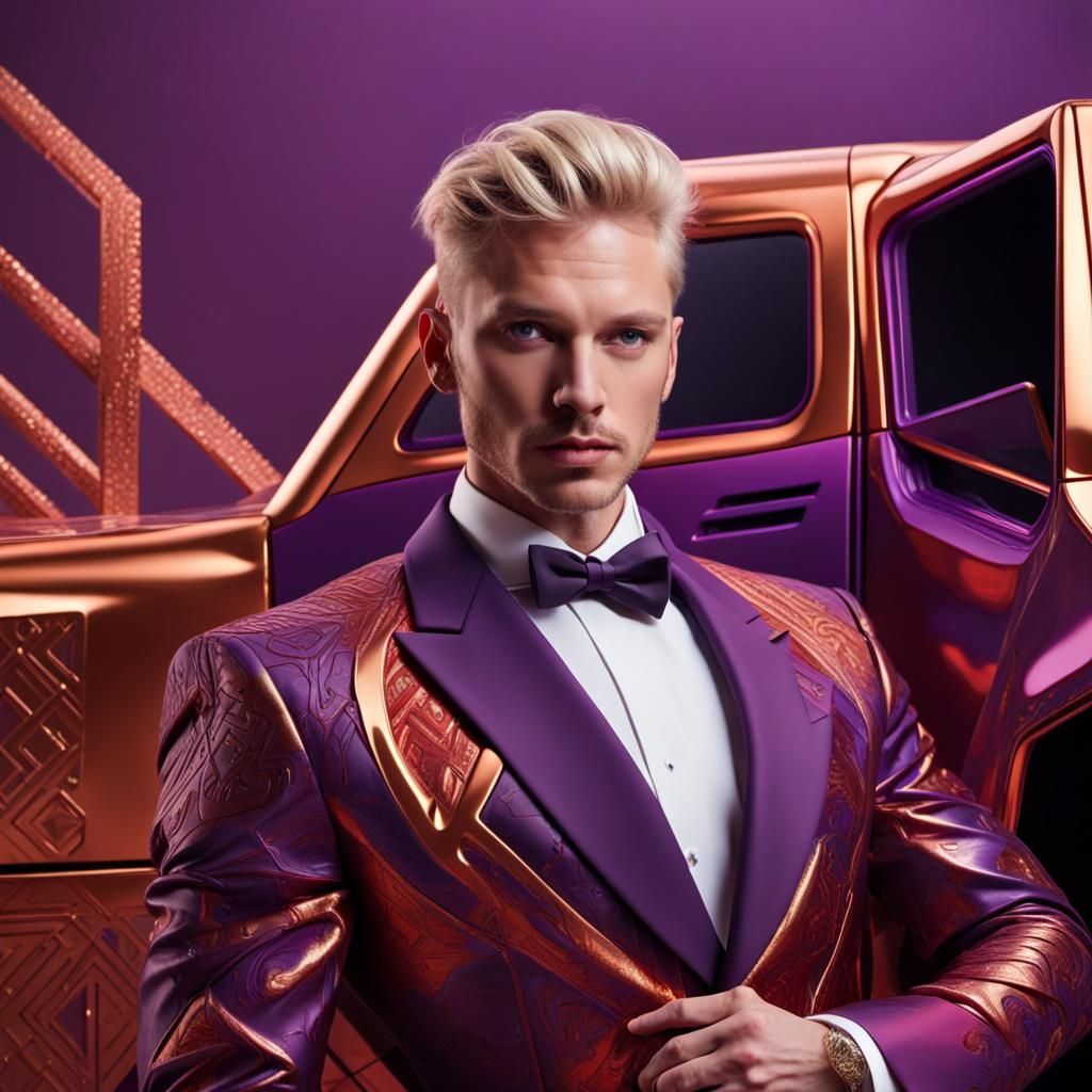 Man in Cyberpunk Tuxedo with Futuristic Truck