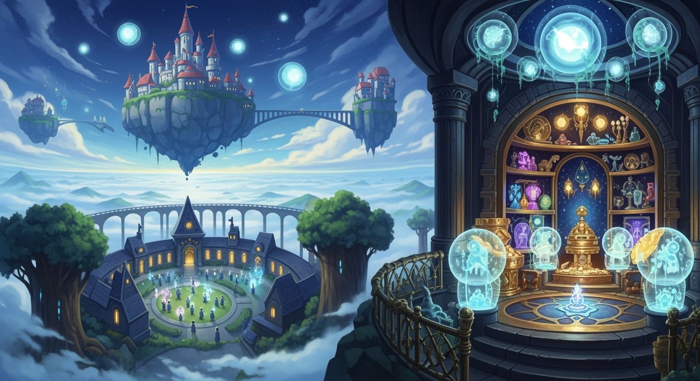 Magical School Among Ancient Trees Under Ghibli Castle