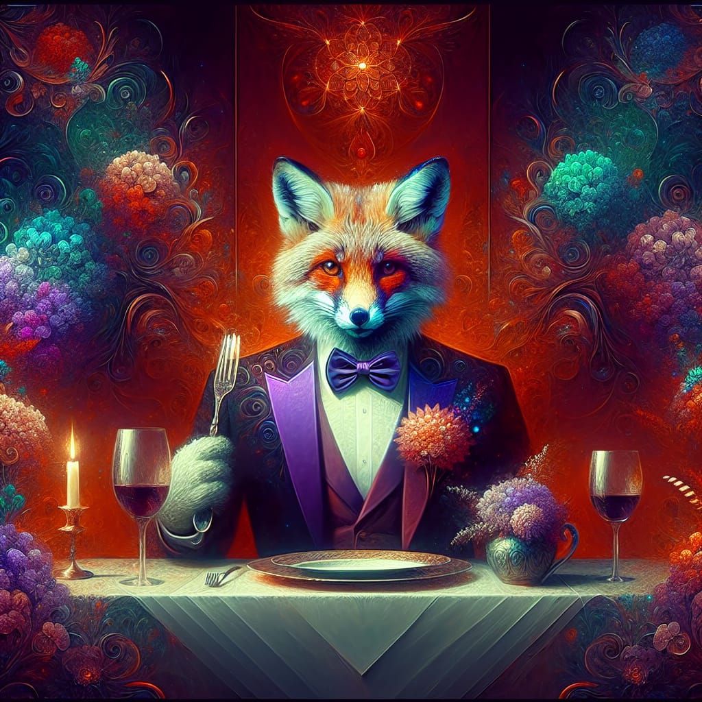 Fox in Tuxedo at Dinner Party - Matte Painting Style