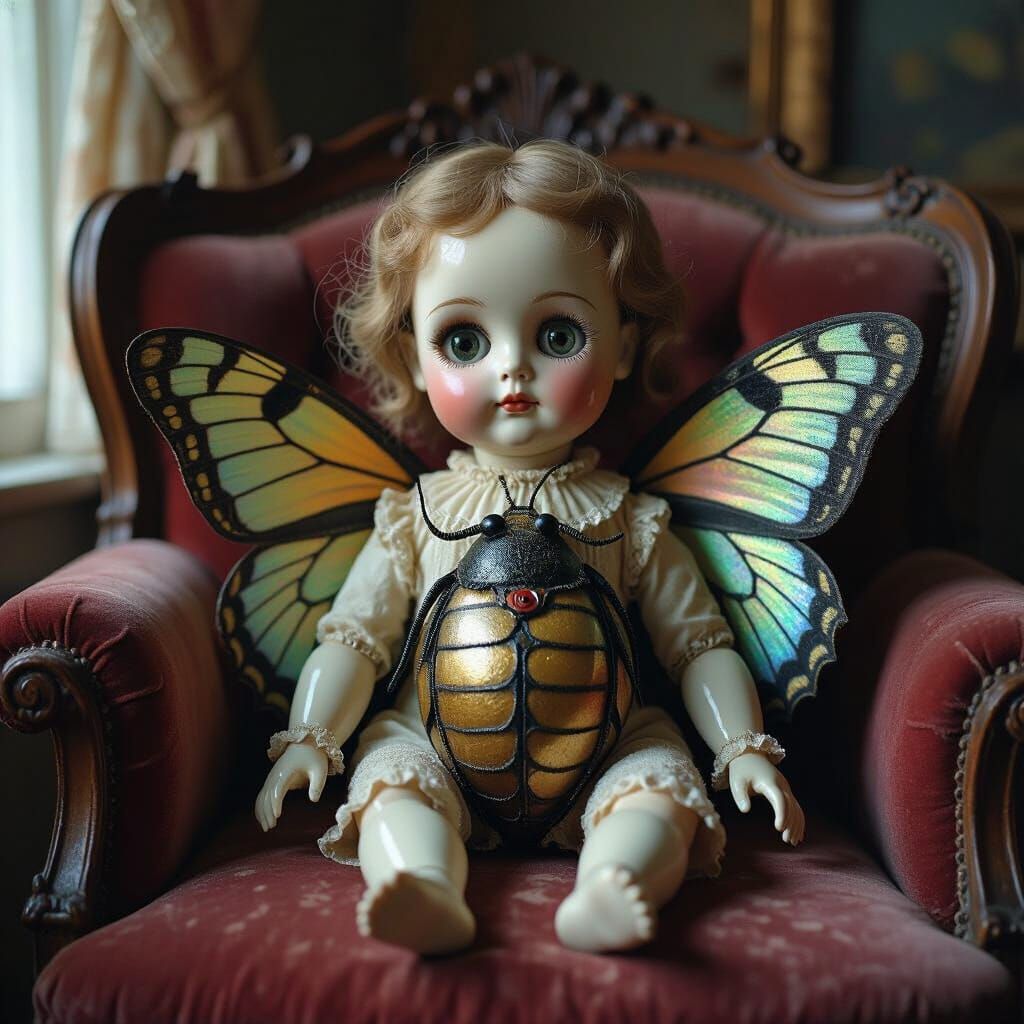 Eerie Doll Fused With Giant Moth Body in Surreal Horror Styl...