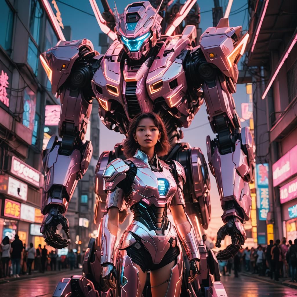 Towering Female Mecha Defends Vaporwave Sunset
