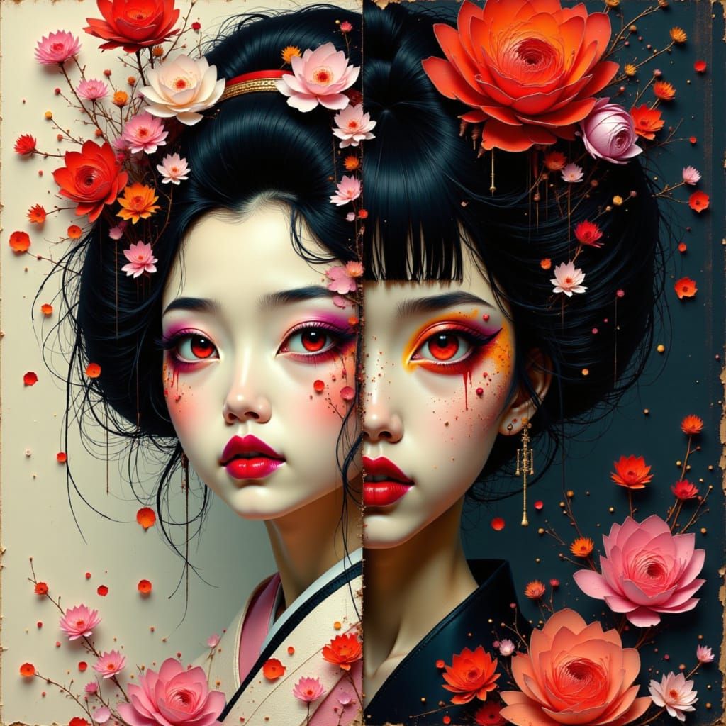 Geisha and Demon Face Split in Surreal Style
