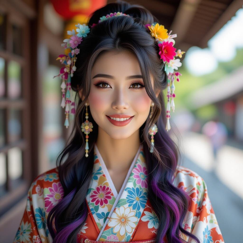 Happy Asian Gyaru with Elaborate Colourful Hair