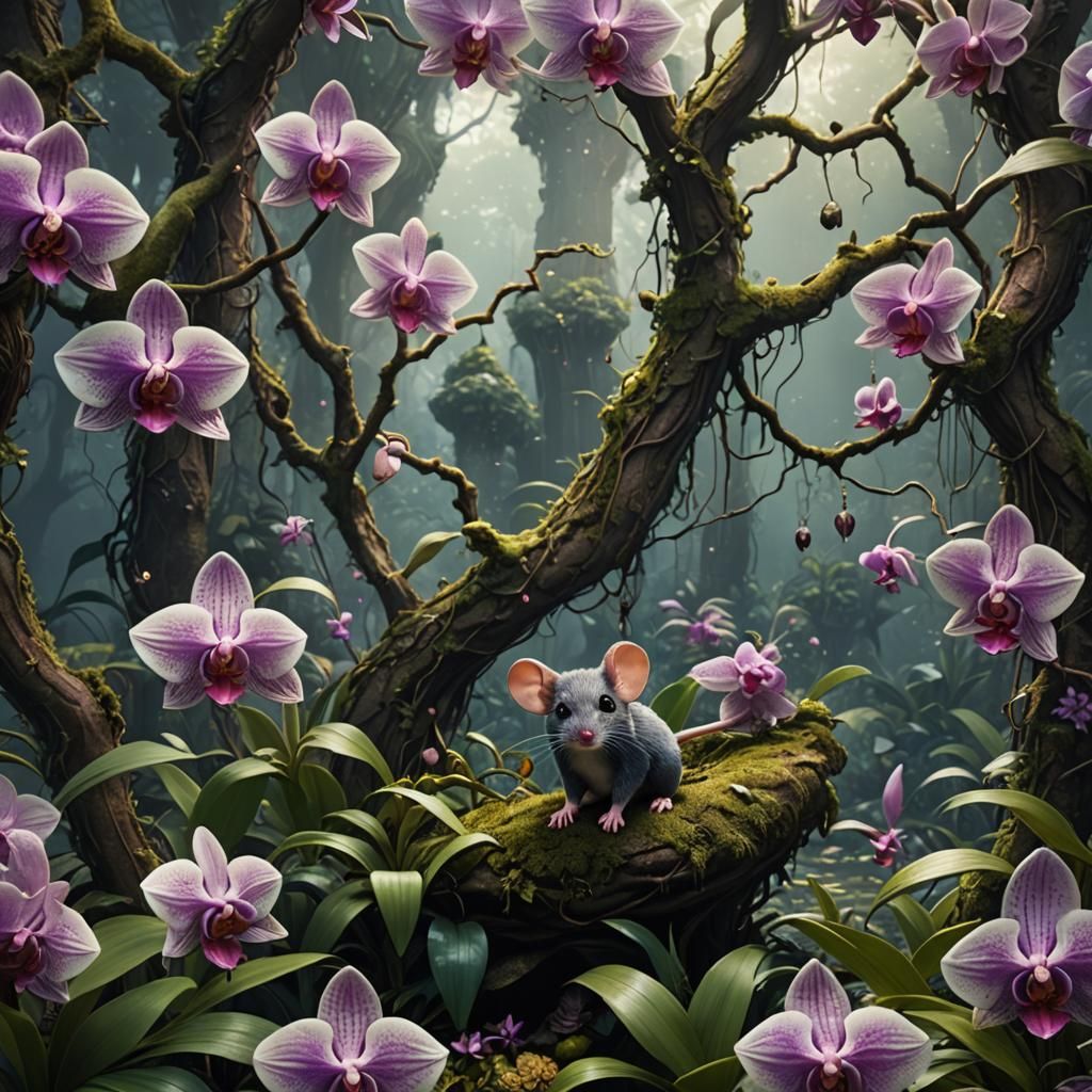 Mouse in Orchid Forest: Detailed Matte Painting