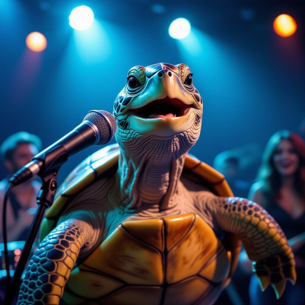 Turtle Sings at Nightclub with Microphone