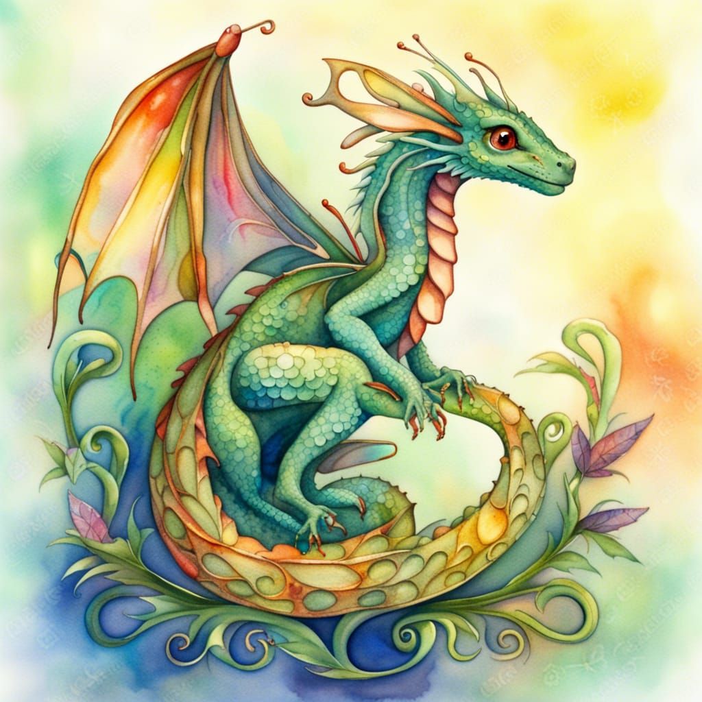 Dragon with Dragonfly Wings in Art Nouveau Watercolor