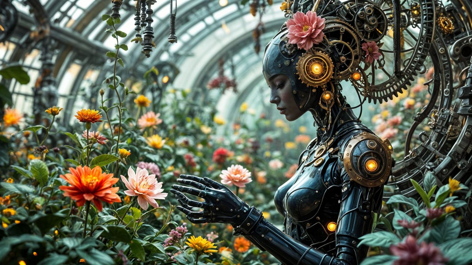 Cyborg Gardeness Among Steampunk Blooms