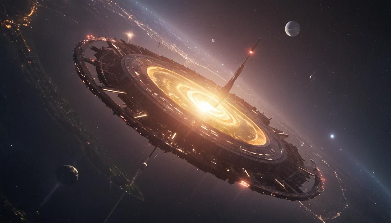 Futuristic Cityscape with Starship Over Elysium