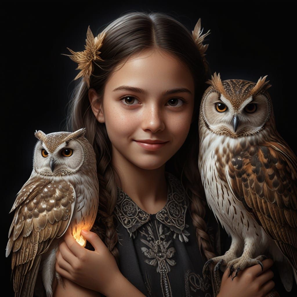 Young Girl with Owl in Luminous Dark Tones