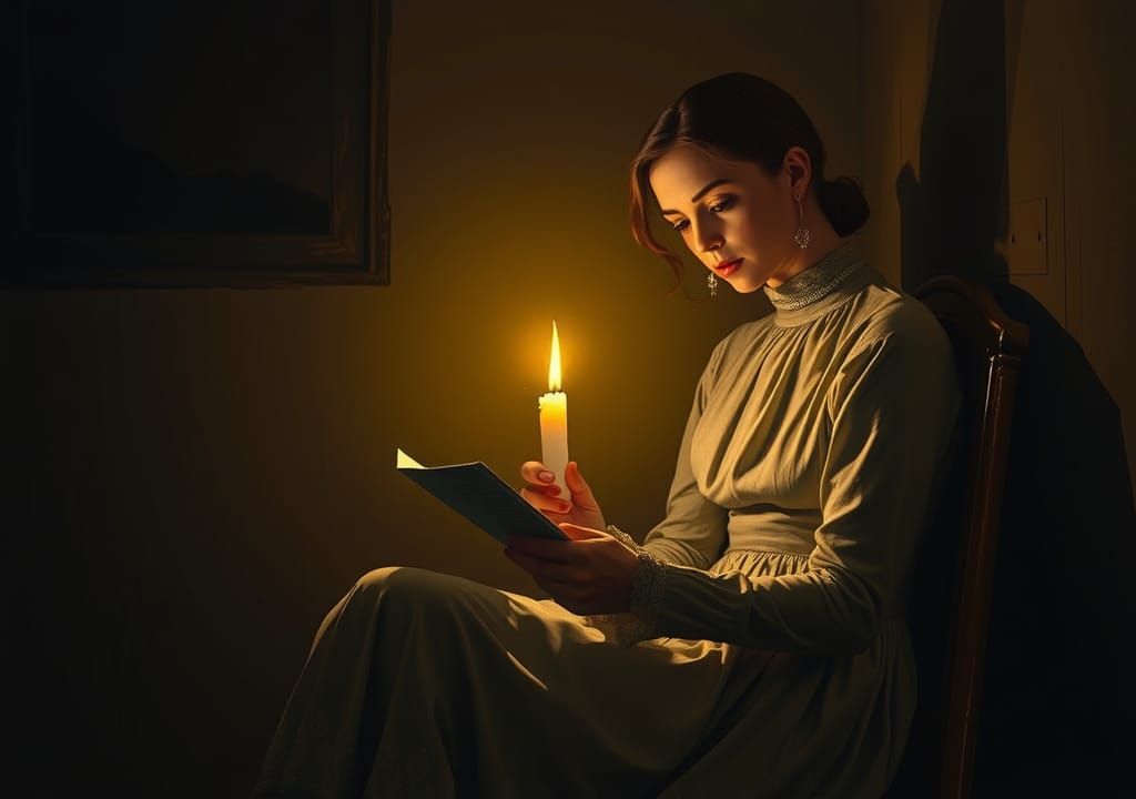 Contemplative Woman Reading by Candlelight in Rembrandt Styl...