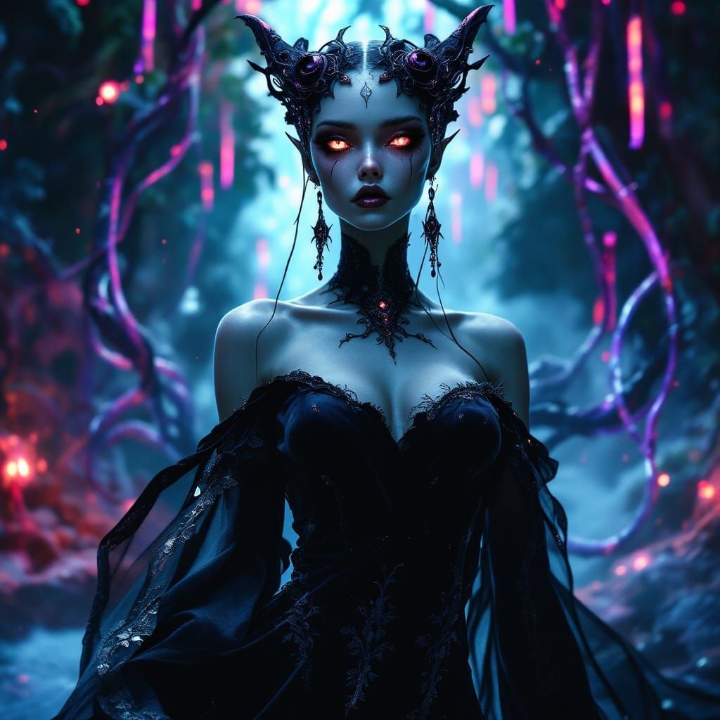 Hyperrealistic Alien Goddess in Velvet Black Gown