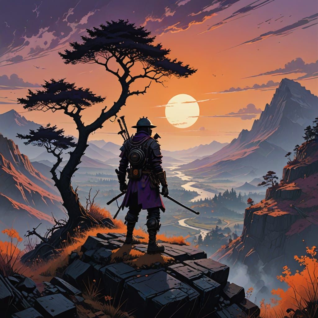 Shadow Samurai Stands Heroically on Mist-Shrouded Mountain