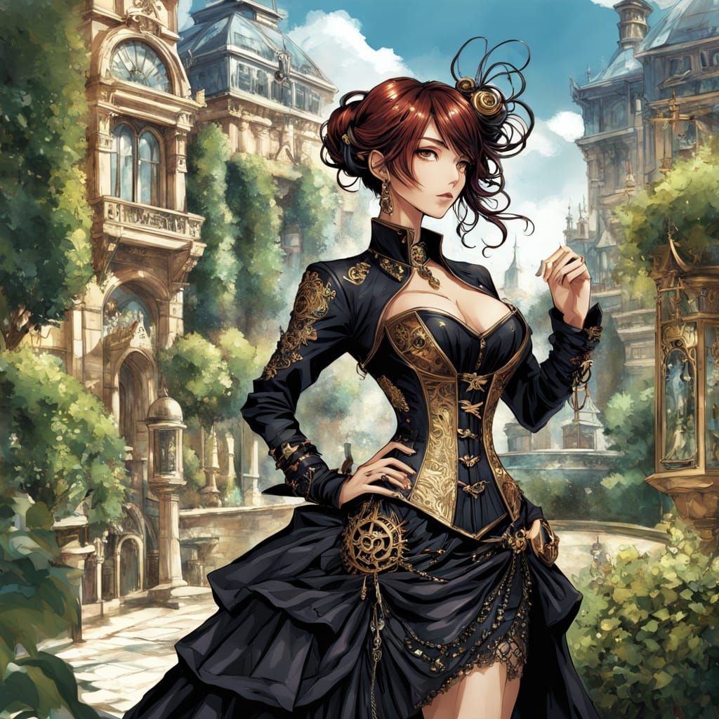Steampunk Woman in Victorian Garden