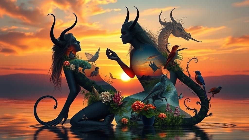 Mystical Creatures Collage at Sunset, Biomechanical Art