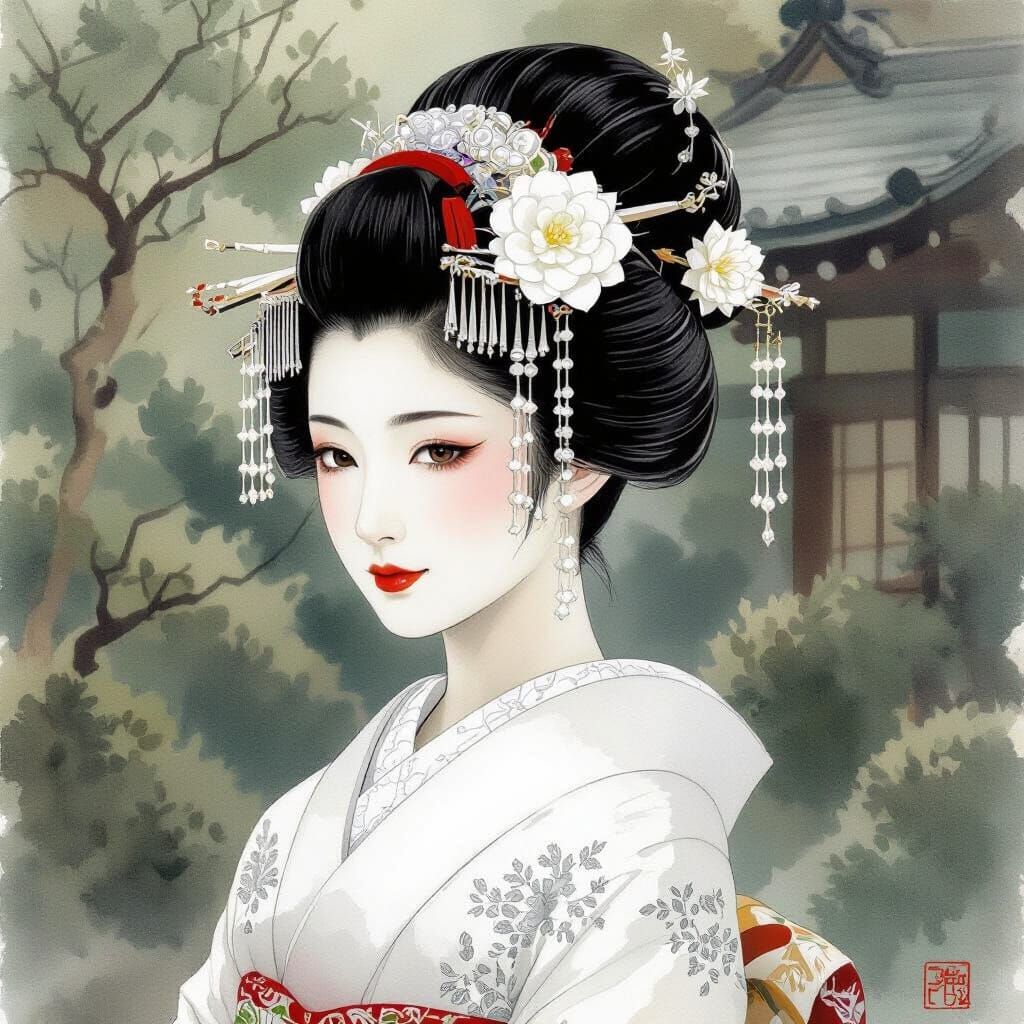 Elegant Geisha Portrait in Watercolor Style