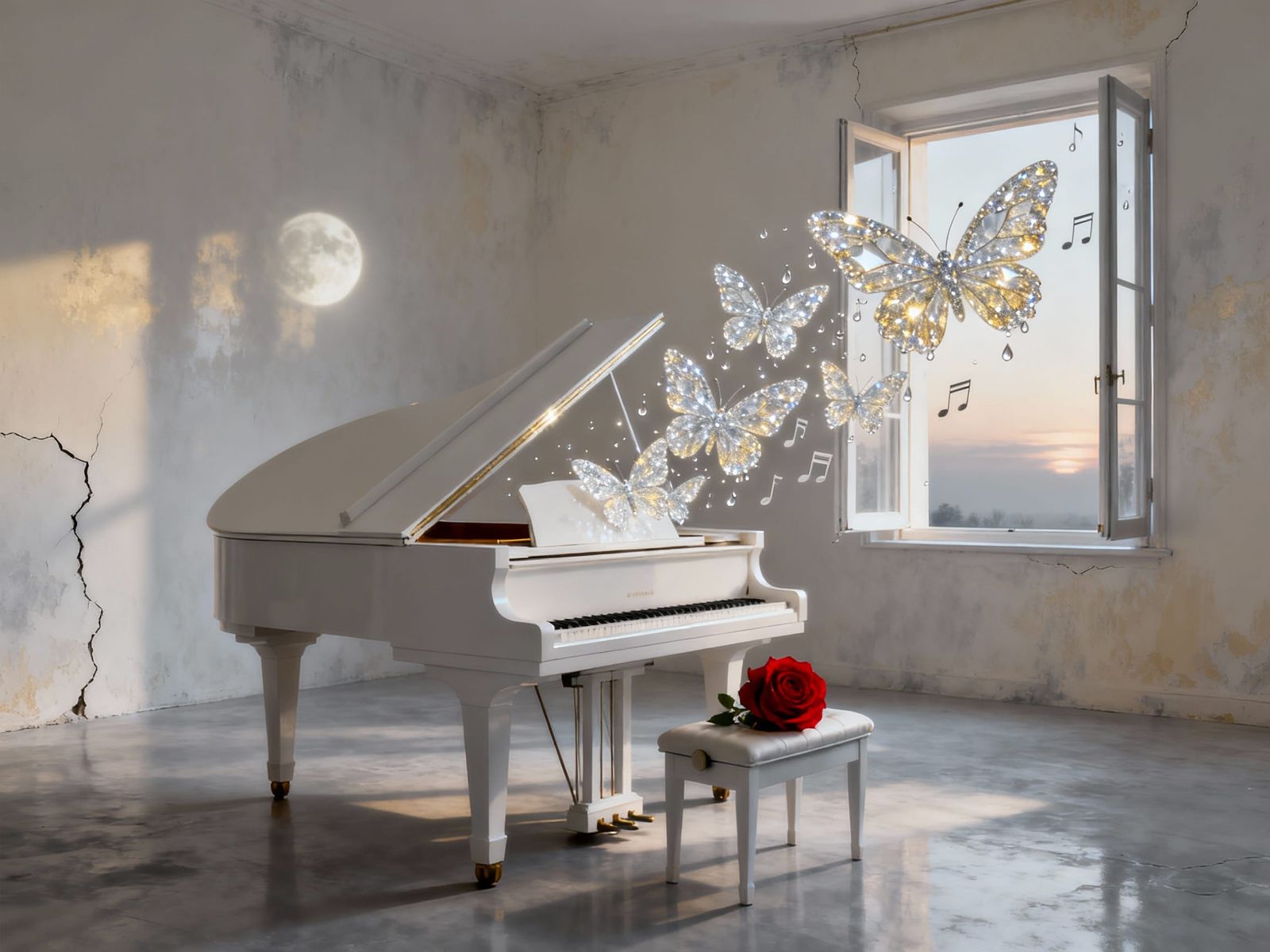Crystal Moths Fly from Grand Piano in Dawn Light